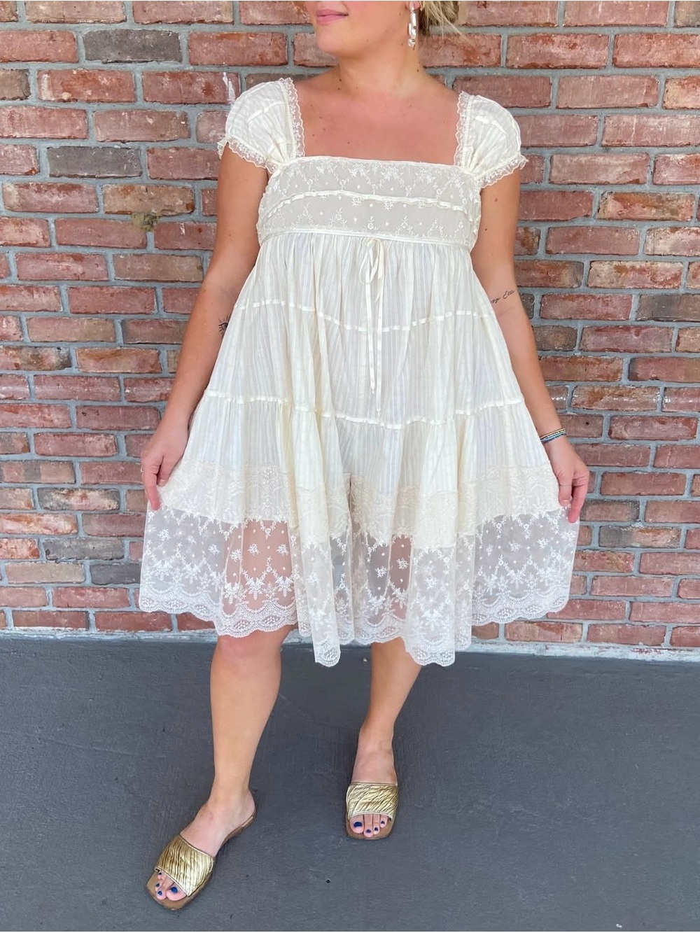 Free People Cream Lace Tiered Babydoll Dress